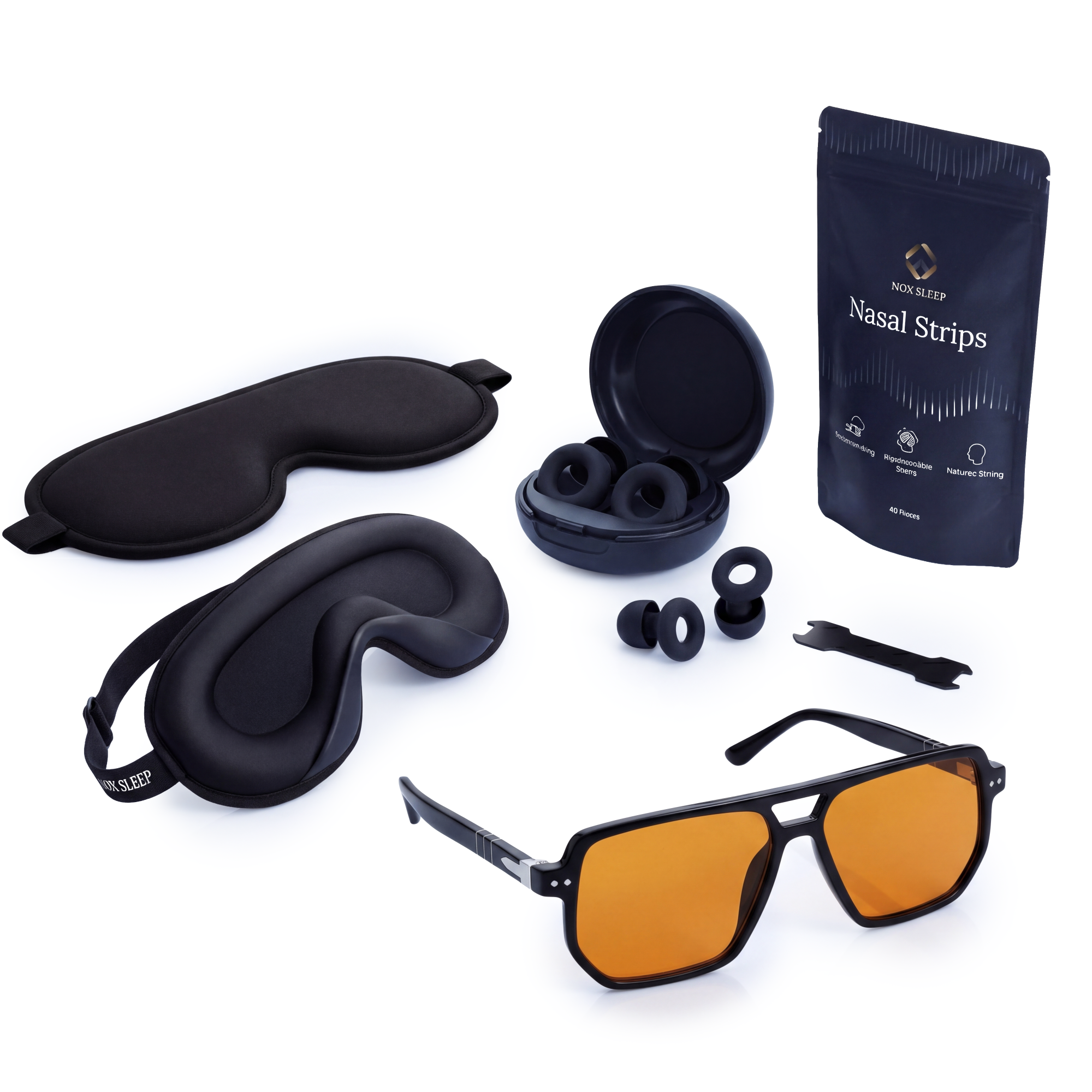 The Nox Sleep System — four-product sleep system: Nox Sleep Mask, Earplugs with case, Nasal Strips pouch, and Orange Blue Light Glasses.
